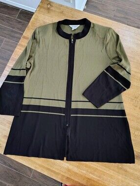 Exclusively Misook Woman Olive Green Black Full Zip Cardigan Made In Korea VTG